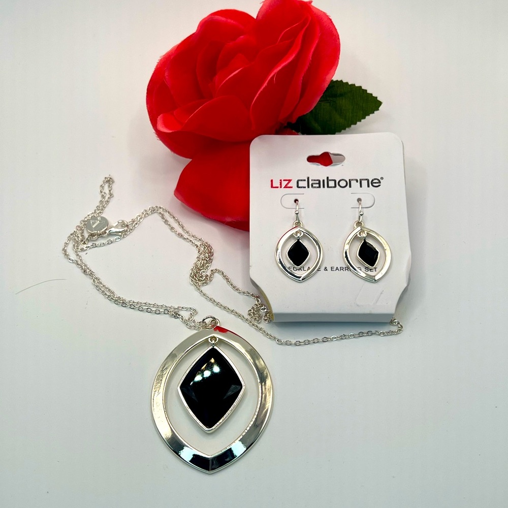 Liz Claiborne Silver and Black Necklace and Earrings Set NWT